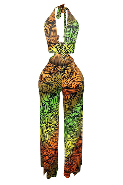 Sweet Escape Metal Trim Print Halter Jumpsuit