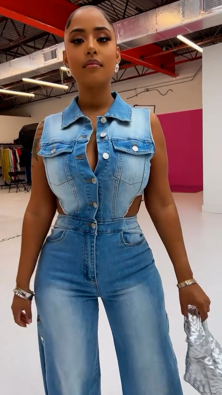 Sleeveless Waist Cutout Denim Button Jumpsuit