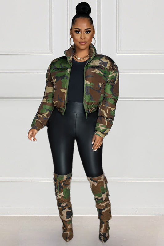 Camo Print Long Sleeve Zip Crop Padded Jacket-Green