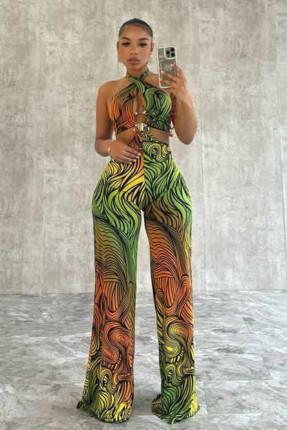 Sweet Escape Metal Trim Print Halter Jumpsuit