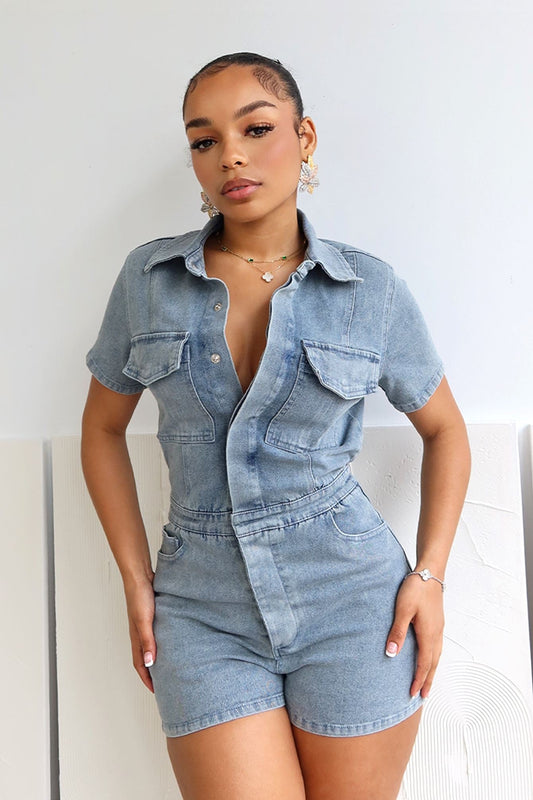 Same Page Collared Denim Romper