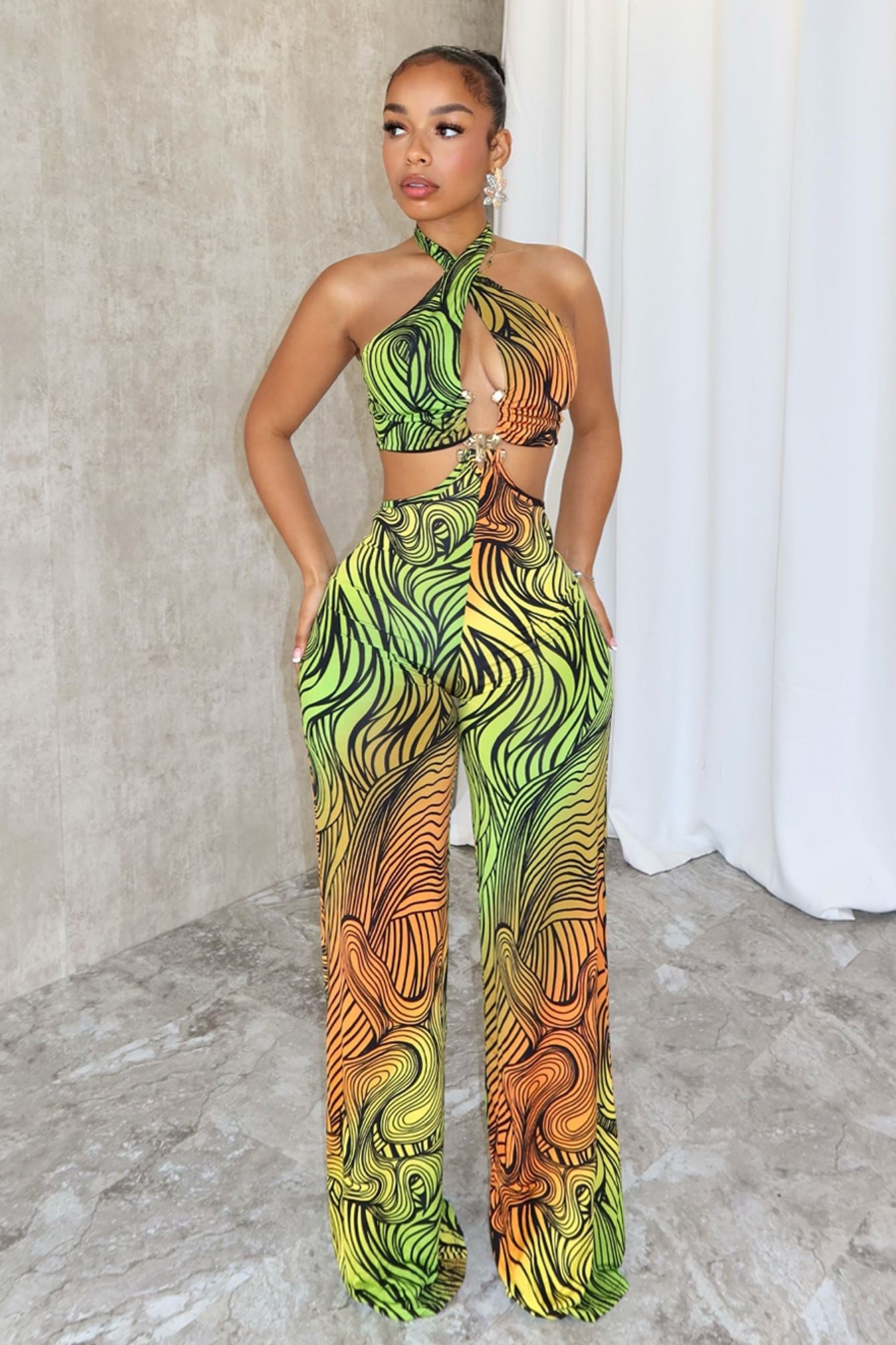 Sweet Escape Metal Trim Print Halter Jumpsuit