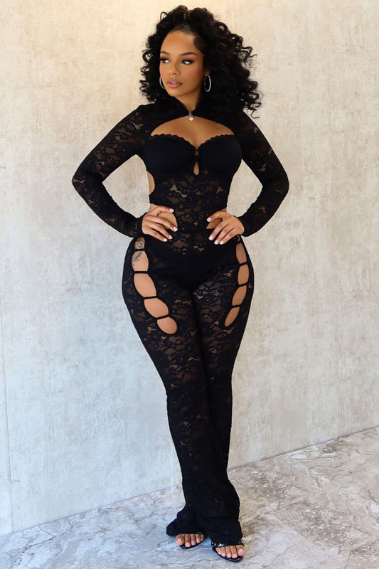 Long Sleeve Guipure Lace Cutout Bodycon Jumpsuit