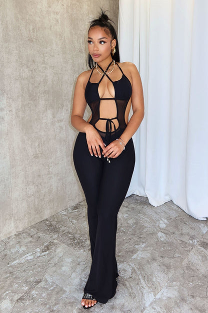 Take Me There Mesh Flare Jumpsuit