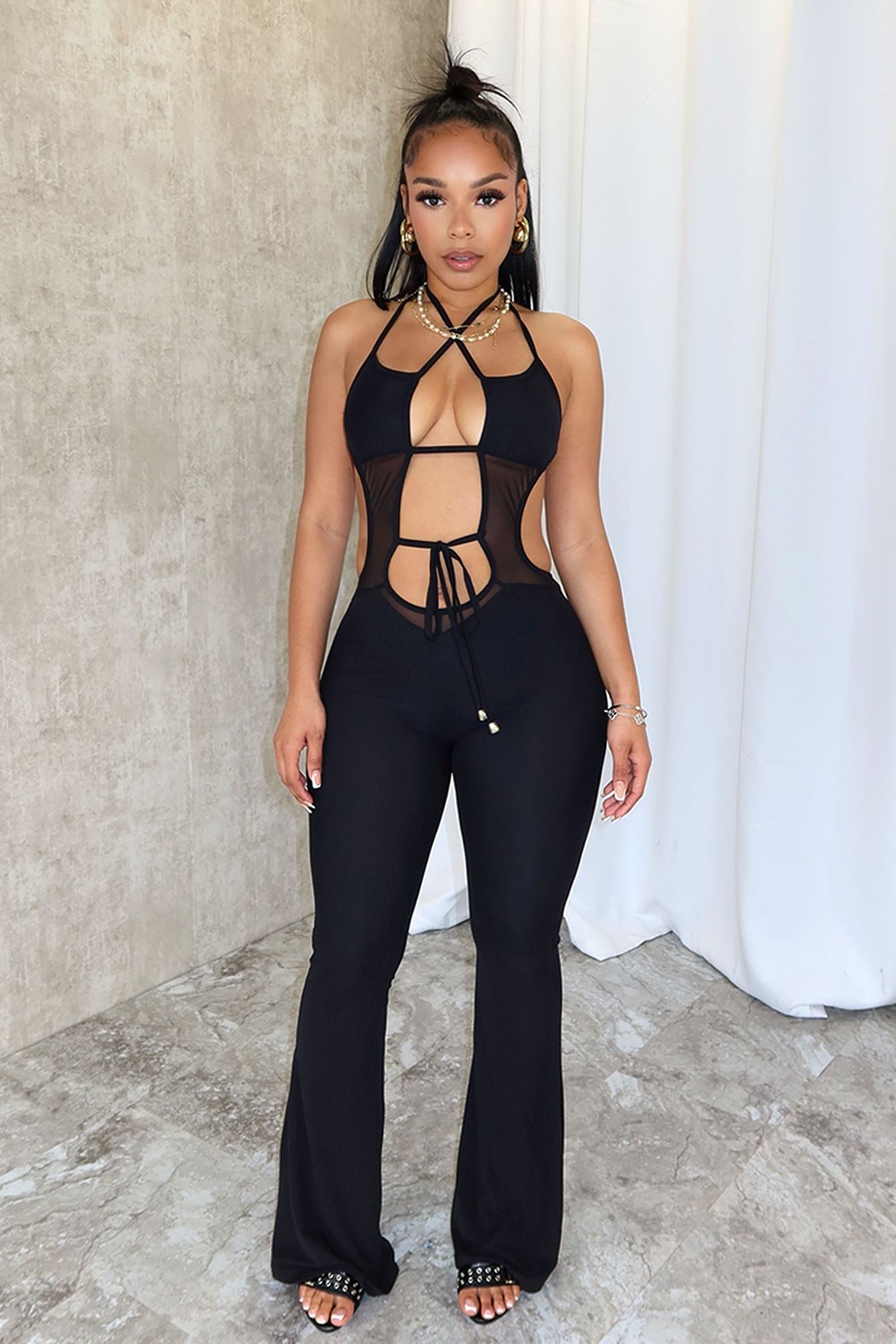 Take Me There Mesh Flare Jumpsuit