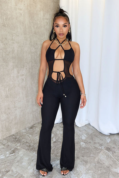 Take Me There Mesh Flare Jumpsuit