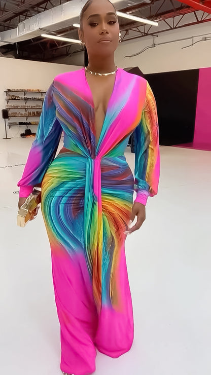 Print Long Sleeves Deep V-Neck Maxi Dress