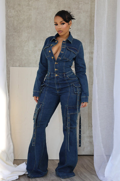 Celene Flare Hem Denim Jumpsuit