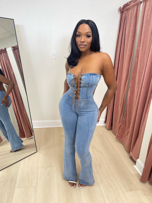 Henley Tube Lace Up Flare Jumpsuit