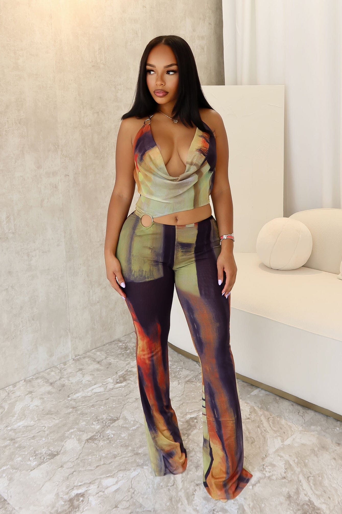 Good 4 U Print Mesh Cowl Neck Jumpsuit