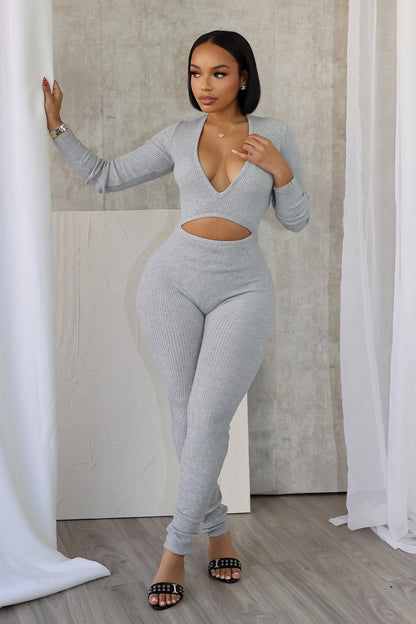 Adellia Ribbed Knit Deep V-Neck Jumpsuit