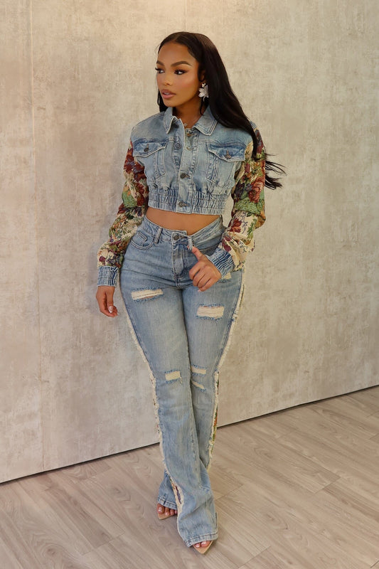 Jesse Tapestry Contrast Denim Jacket & Jeans Set