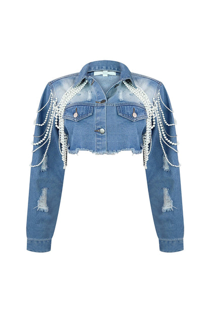 Janet Pearl & Rhinestone Draped Denim Jacket