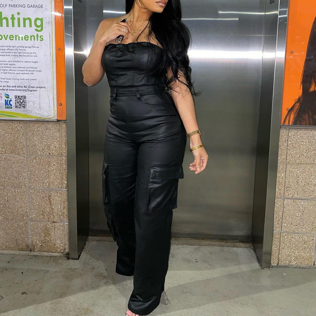 Clap Back Faux Leather Tube Jumpsuit