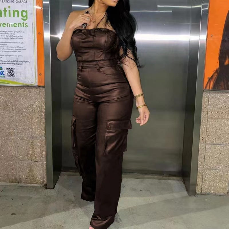 Clap Back Faux Leather Tube Jumpsuit