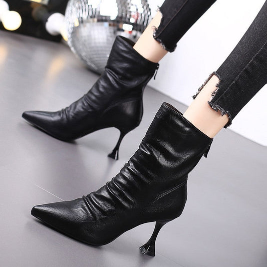 Kitten Heel Pleated Skinny Short Boots