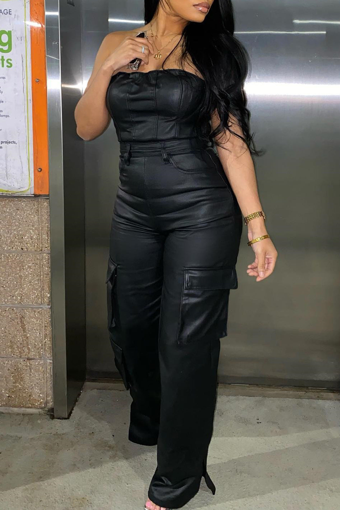 Clap Back Faux Leather Tube Jumpsuit