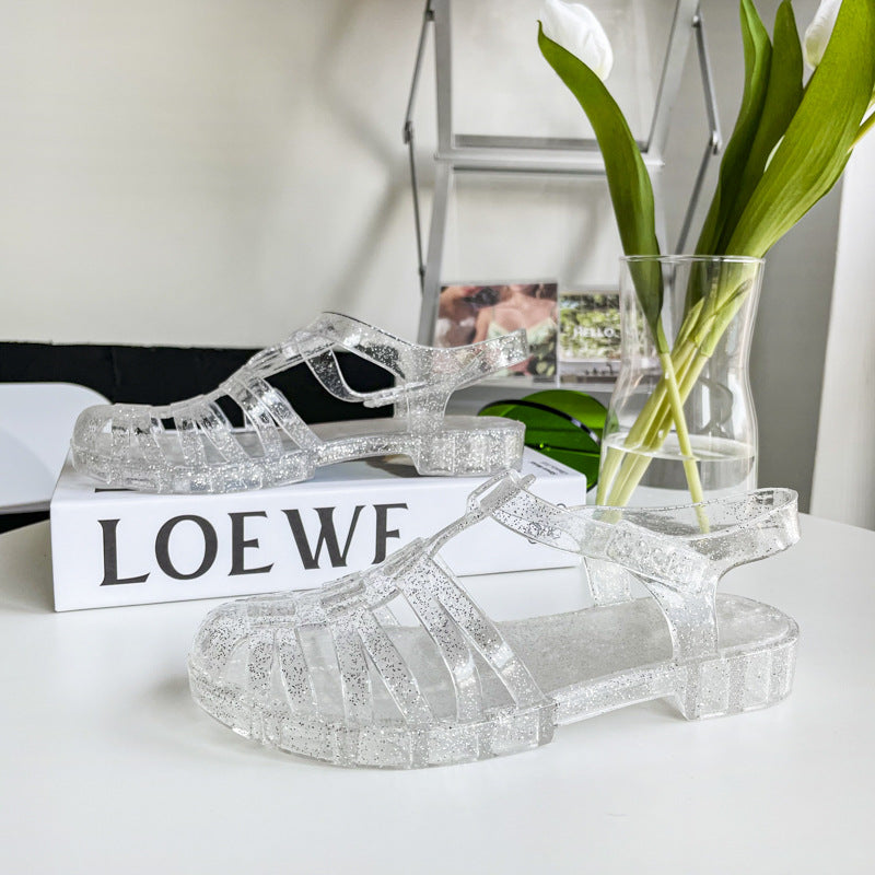 Baotou Roman Clear Crystal Sandals