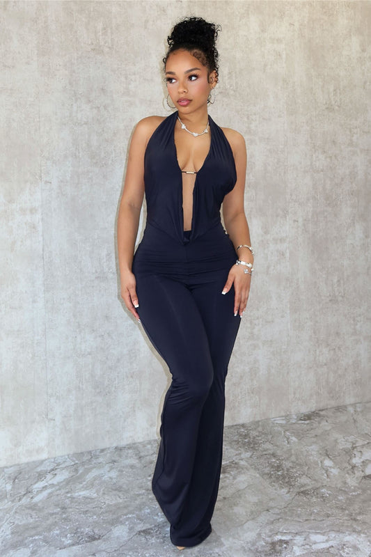 Curious Cowl Neck Halter Jersey Jumpsuit