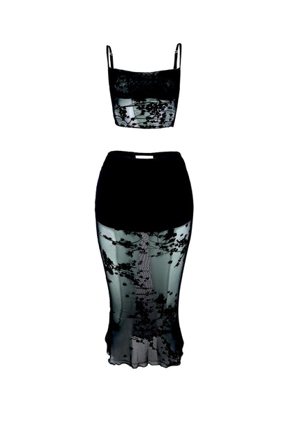 Wandering Burnout Mesh Top & Midi Skirt SET matching sets EDGE Small Black