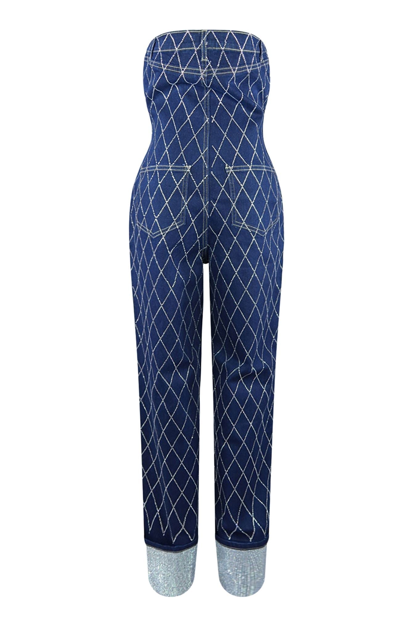 Cross Me Out Rhinestone Denim Jumpsuit Rompers + Jumpsuits EDGE