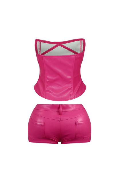 Hot Shot PU Zipper Bustier & Shorts SET