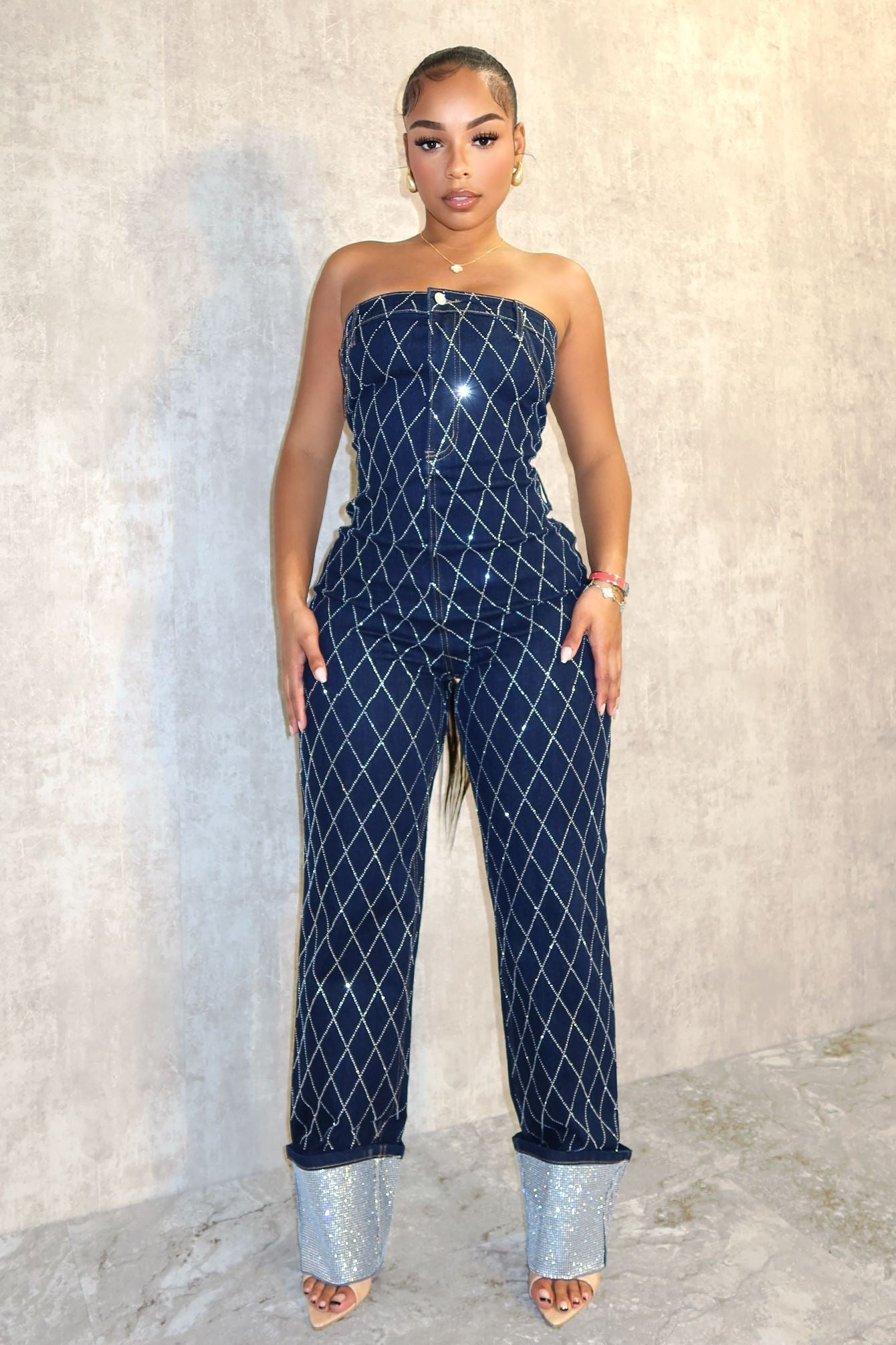 Cross Me Out Rhinestone Denim Jumpsuit Rompers + Jumpsuits EDGE Small Denim