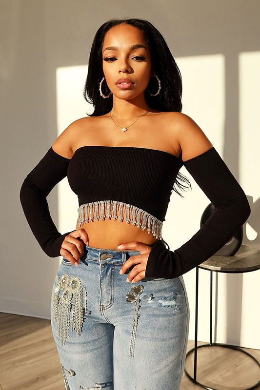 Divas Dancing Rhinestone Fringe Crop Top