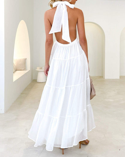 White Halter Sleeveless Midi Dress